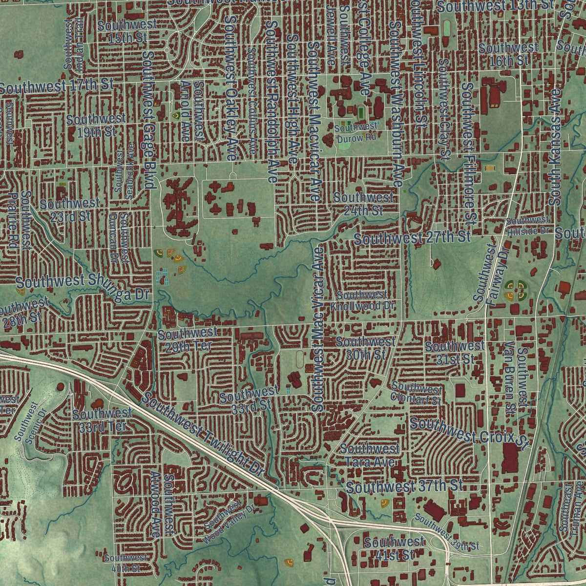 Close-up of the map of Topeka, Kansas print showing street and building detail