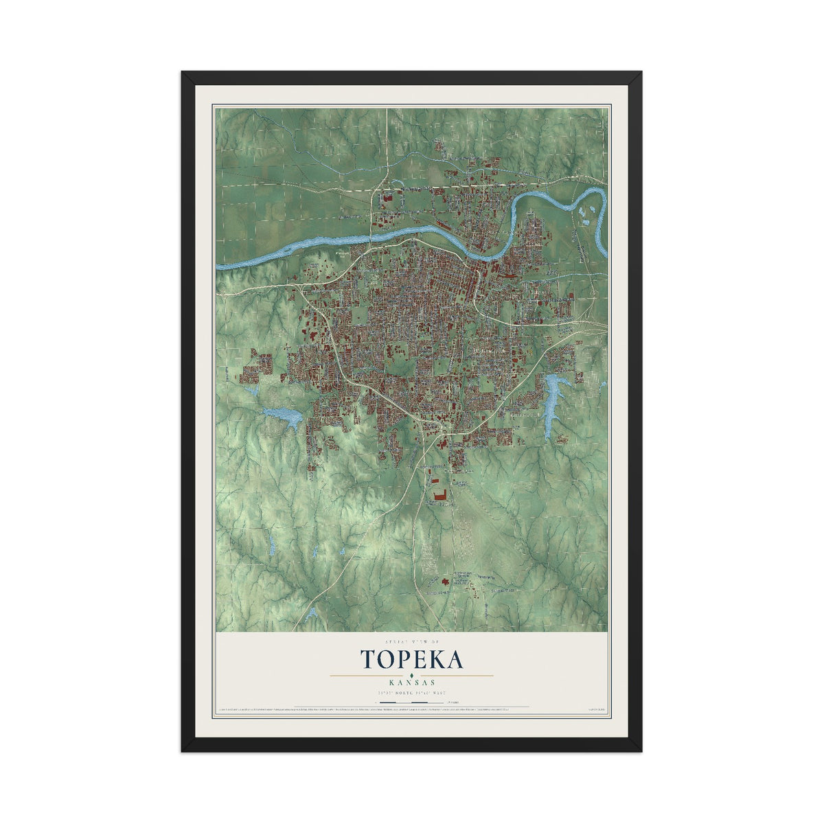 Map of Topeka, Kansas, 12 x 18 inch print in a black wood frame