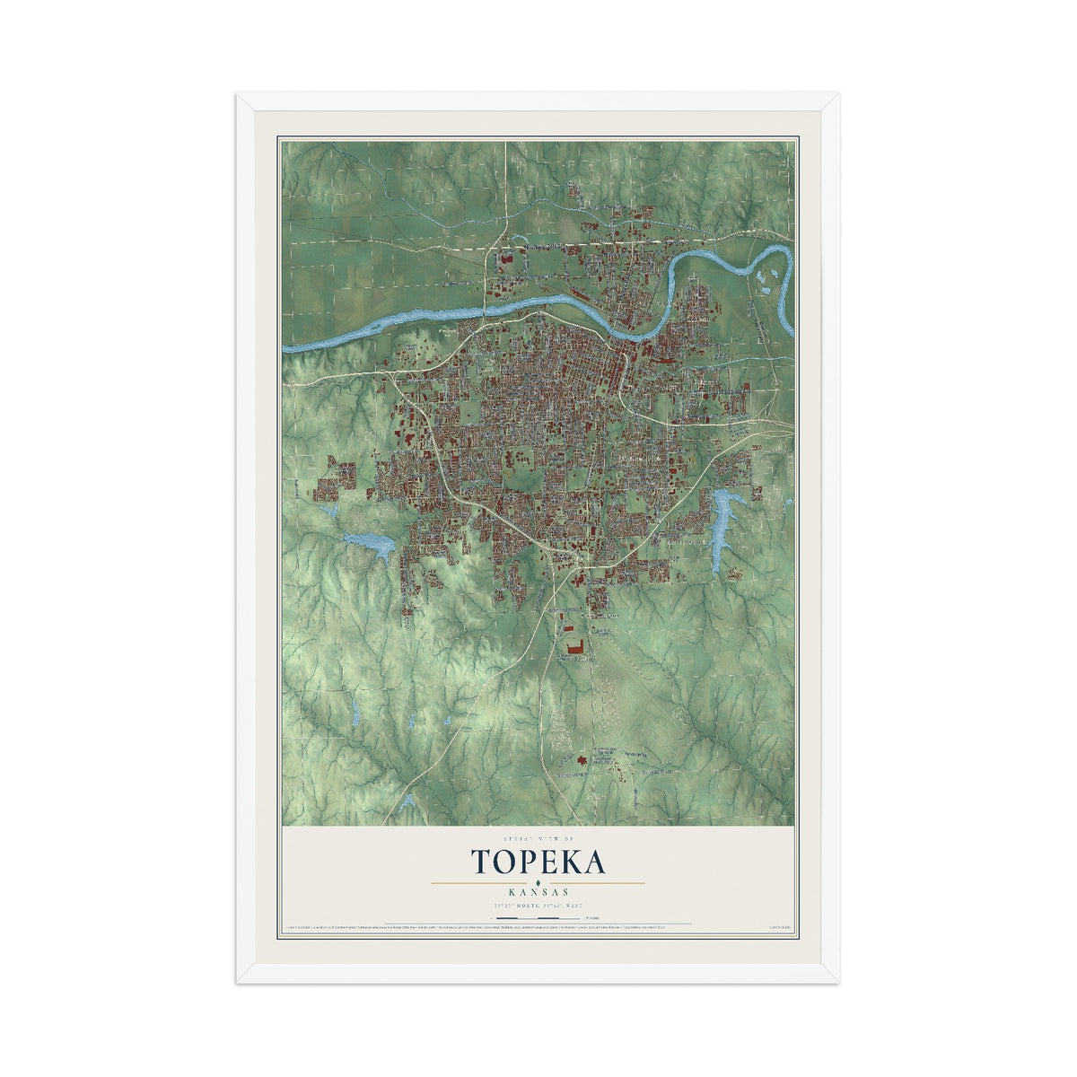 Map of Topeka, Kansas, 12 x 18 inch print in a white wood frame