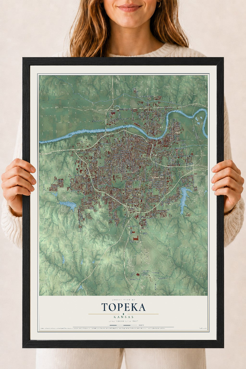 Map of Topeka, Kansas, 18 x 24 inch print in a black wood frame
