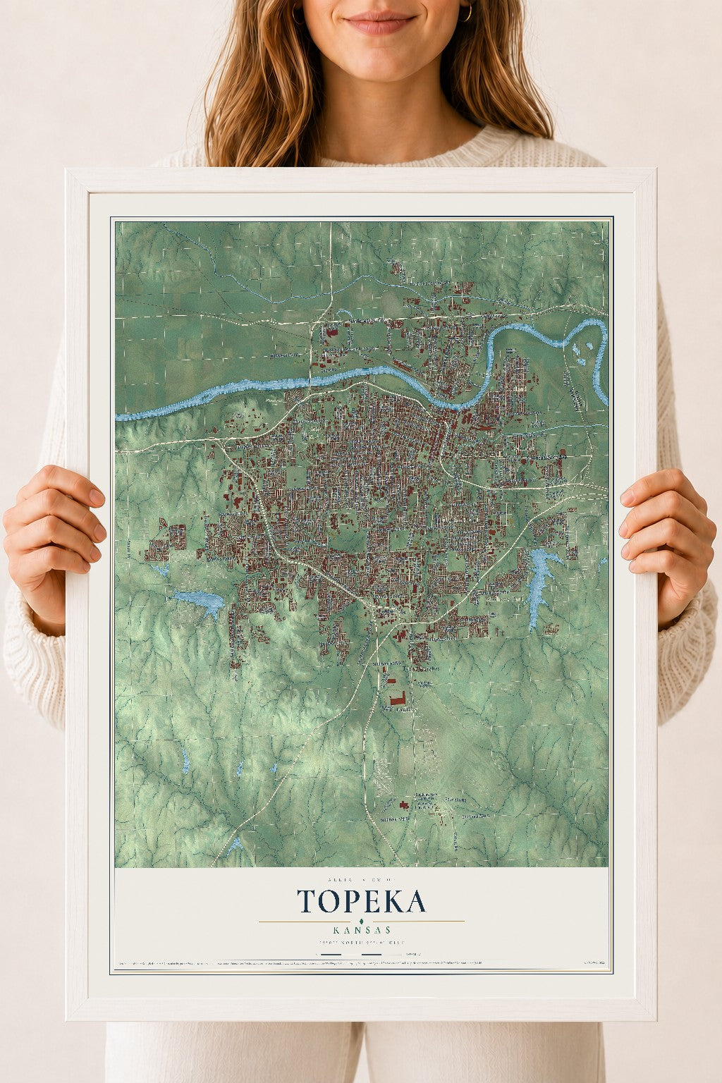 Map of Topeka, Kansas, 18 x 24 inch print in a white wood frame