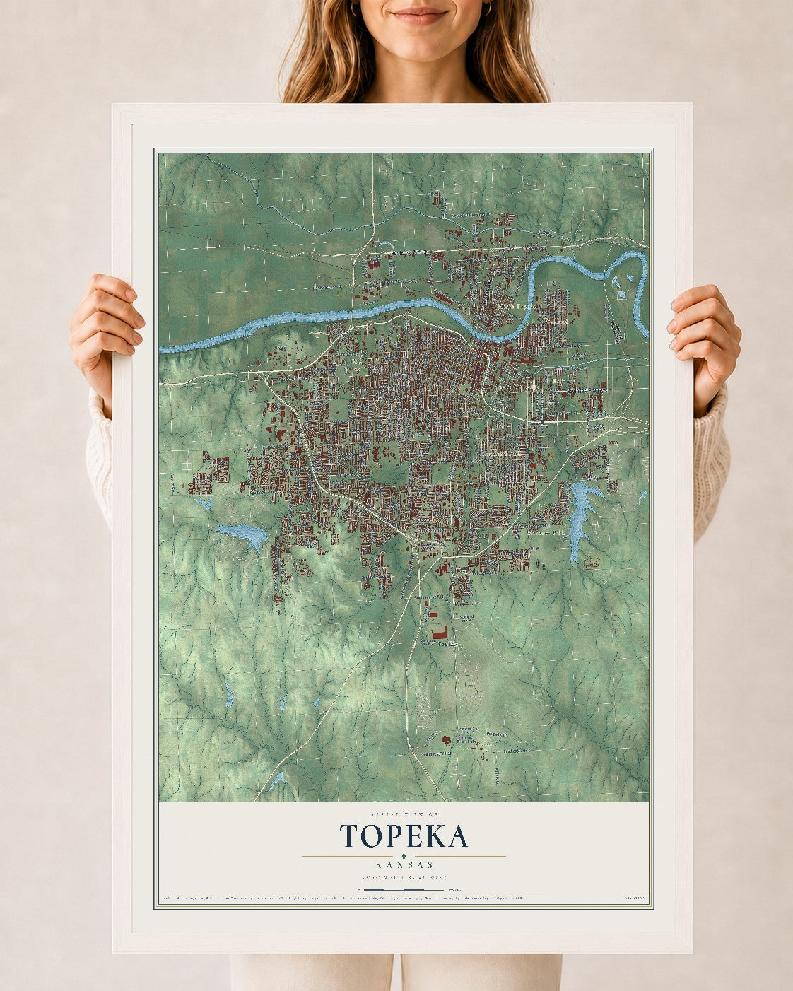 Map of Topeka, Kansas, 24 x 36 inch print in a white wood frame
