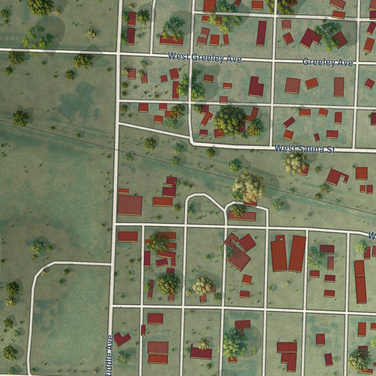 Second close-up of the map of Tribune, Kansas print showing more streets and buildings