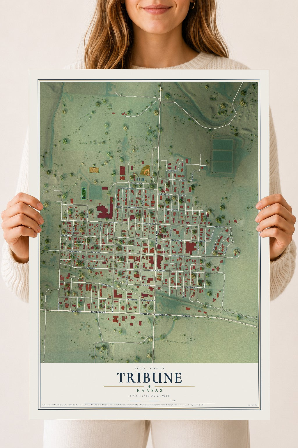 Map of Tribune, Kansas, 18 x 24 inch unframed archival matte print