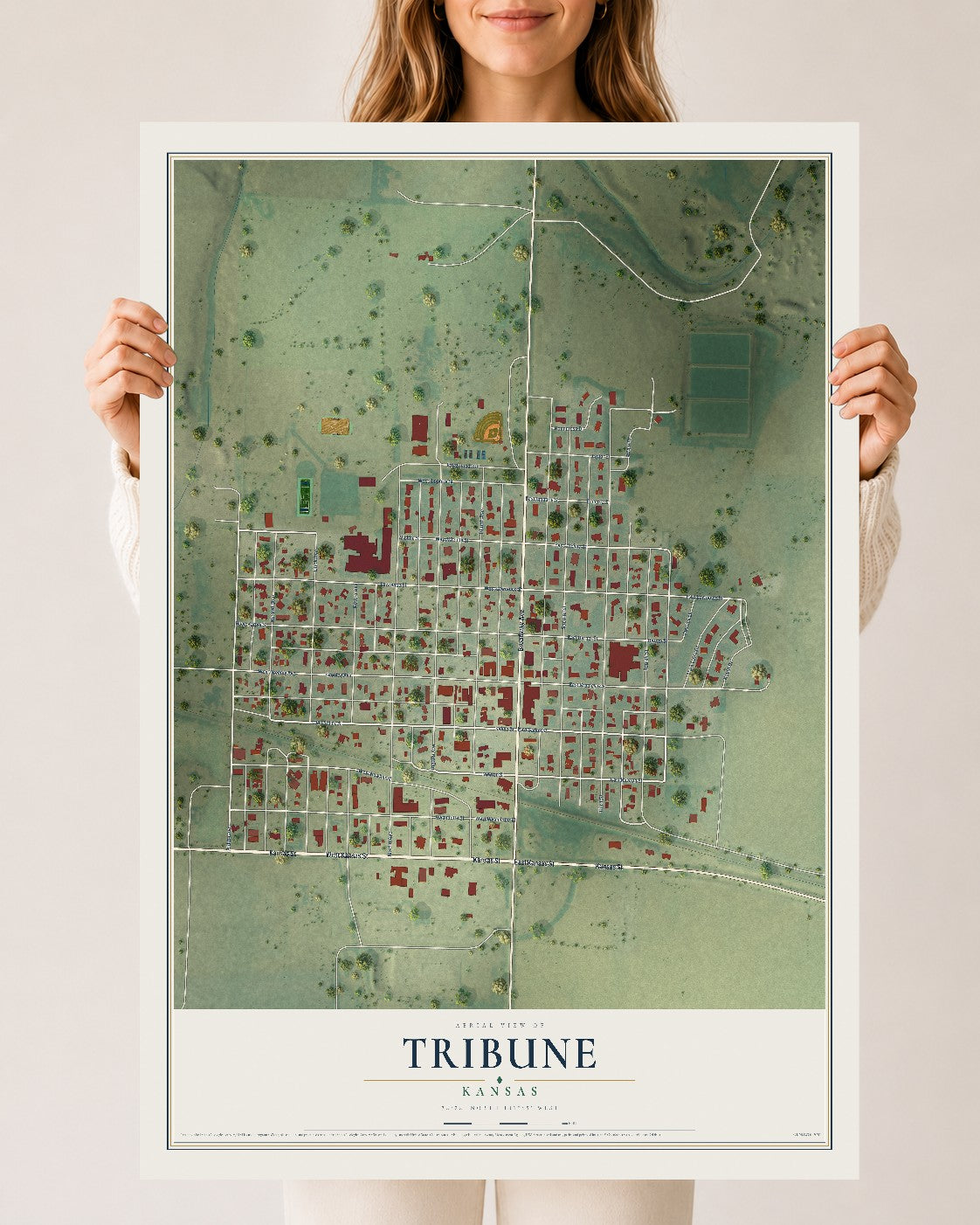 Map of Tribune, Kansas, 24 x 36 inch unframed archival matte print