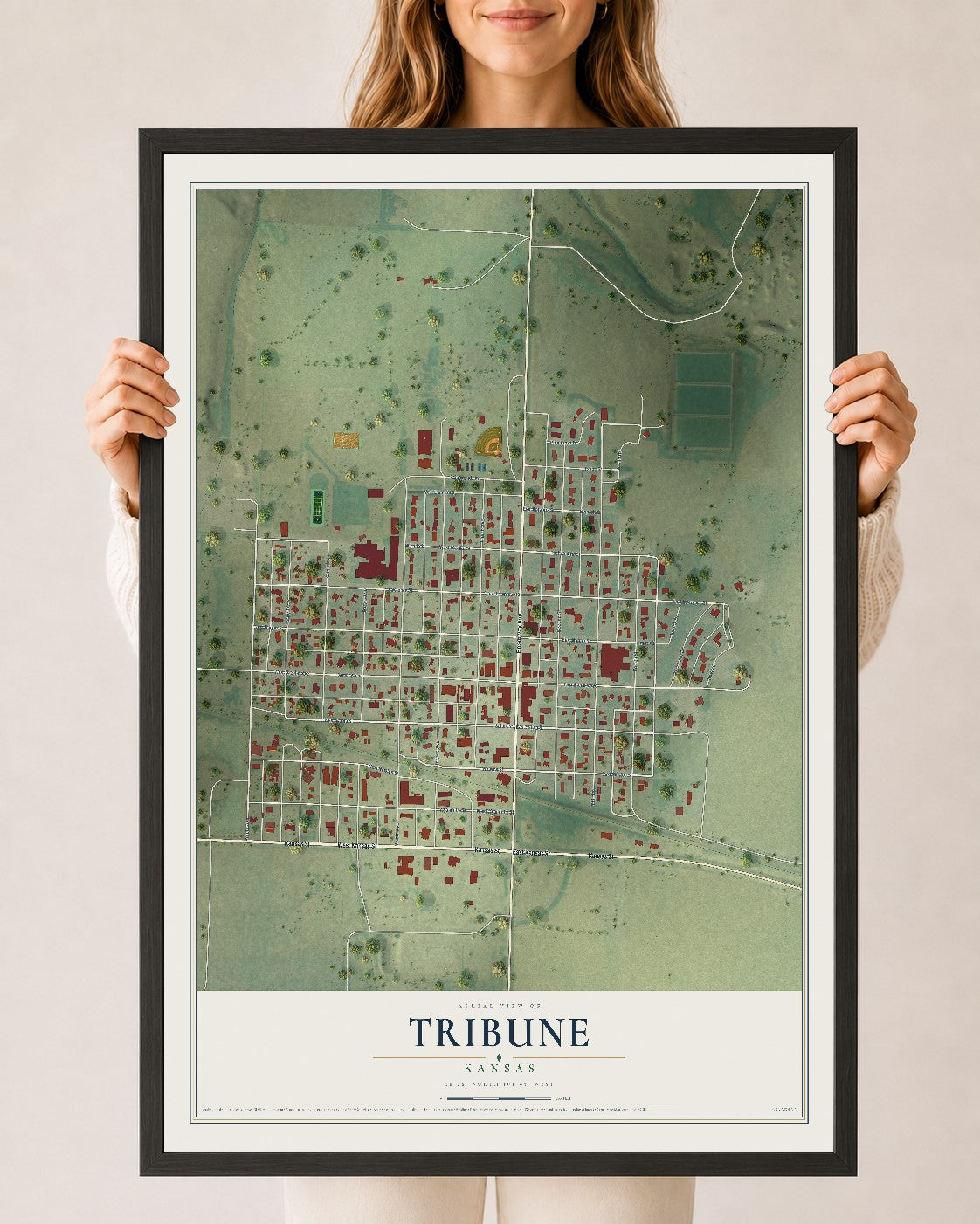 Map of Tribune, Kansas, 24 x 36 inch print in a black wood frame