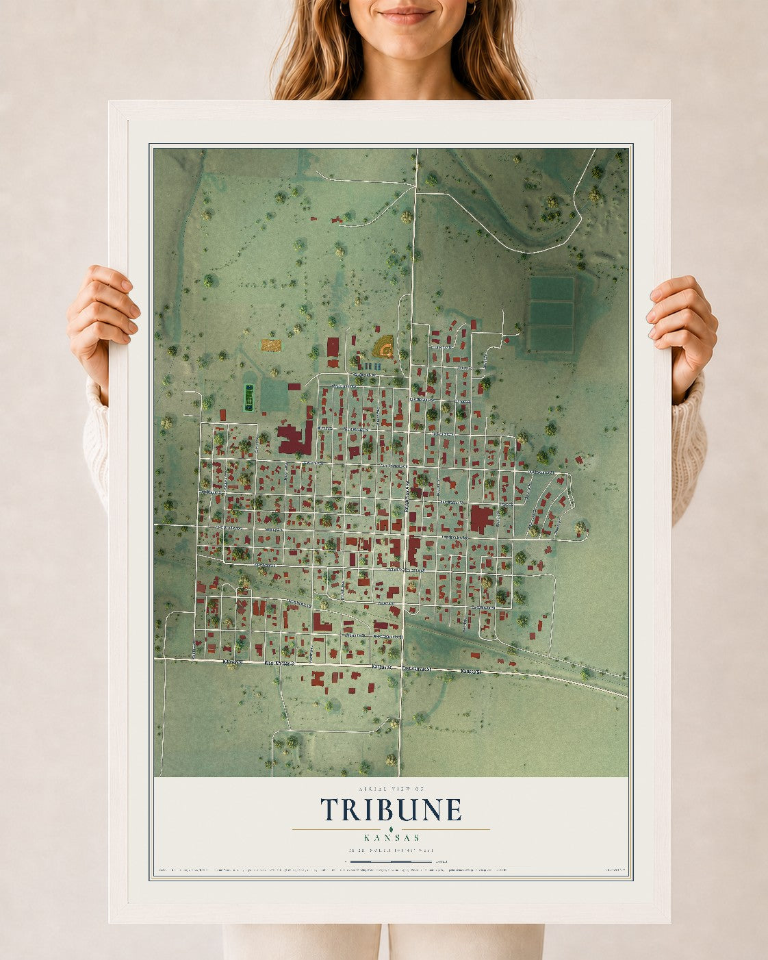 Map of Tribune, Kansas, 24 x 36 inch print in a white wood frame