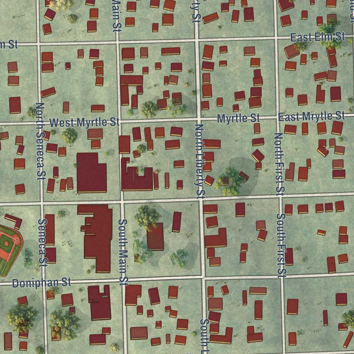 Close-up of the map of Troy, Kansas print showing street and building detail