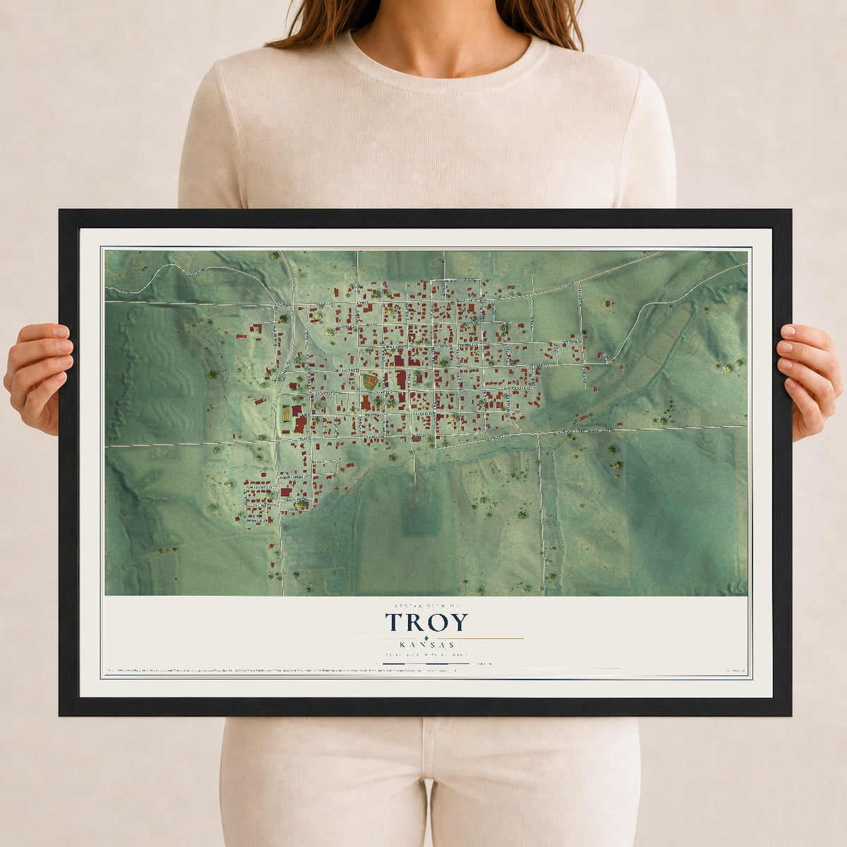 Map of Troy, Kansas, 12 x 18 inch print in a black wood frame