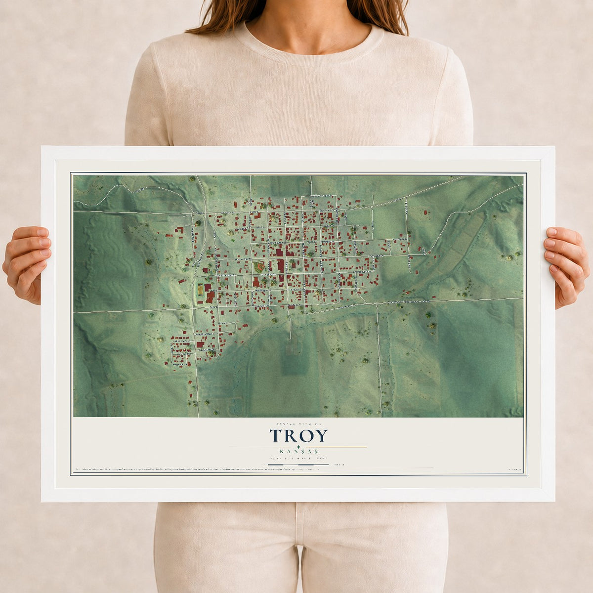 Map of Troy, Kansas, 12 x 18 inch print in a white wood frame