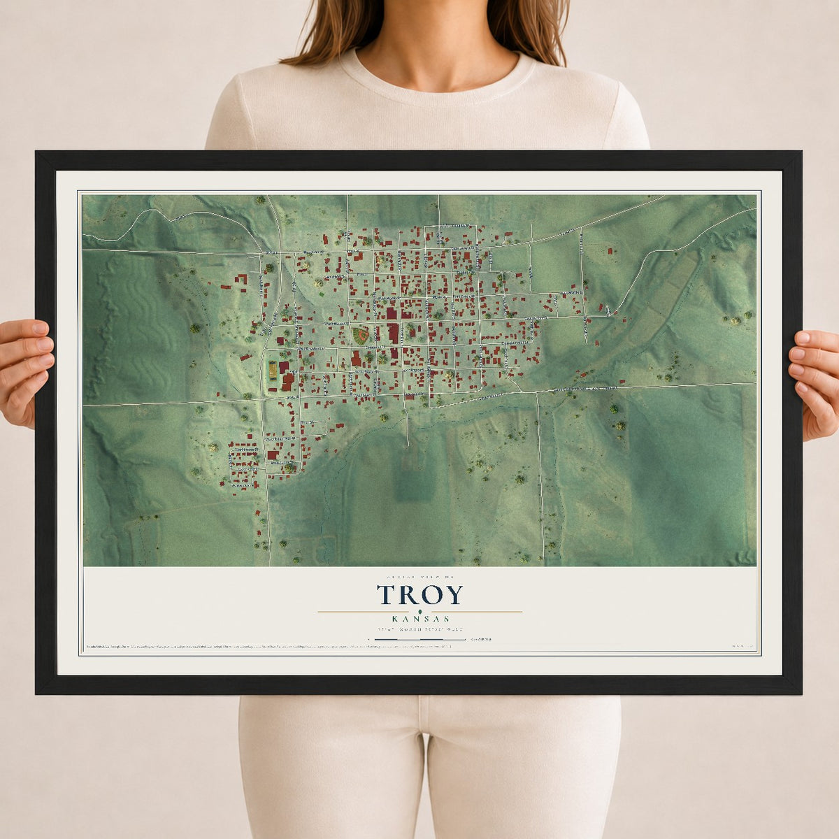 Map of Troy, Kansas, 18 x 24 inch print in a black wood frame