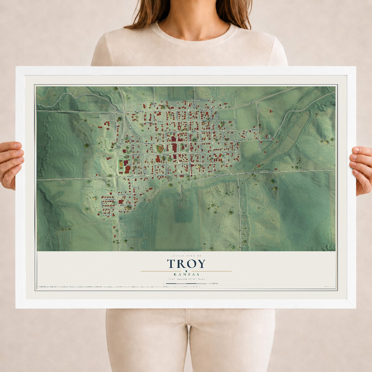 Map of Troy, Kansas, 18 x 24 inch print in a white wood frame