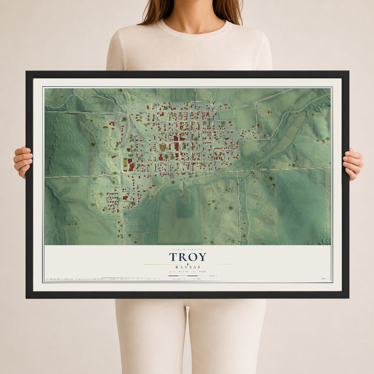 Map of Troy, Kansas, 24 x 36 inch print in a black wood frame