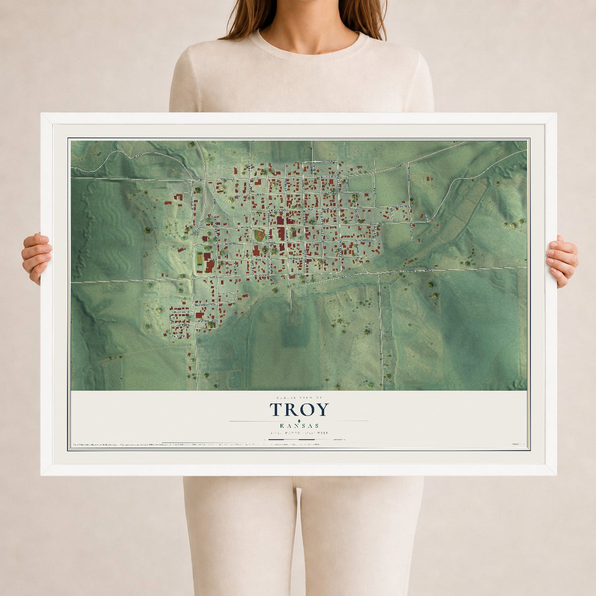 Map of Troy, Kansas, 24 x 36 inch print in a white wood frame