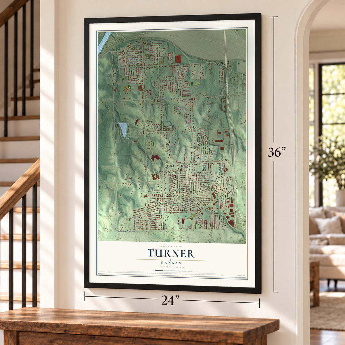 Turner, Kansas map, 24 x 36 inch print in a black frame by a staircase