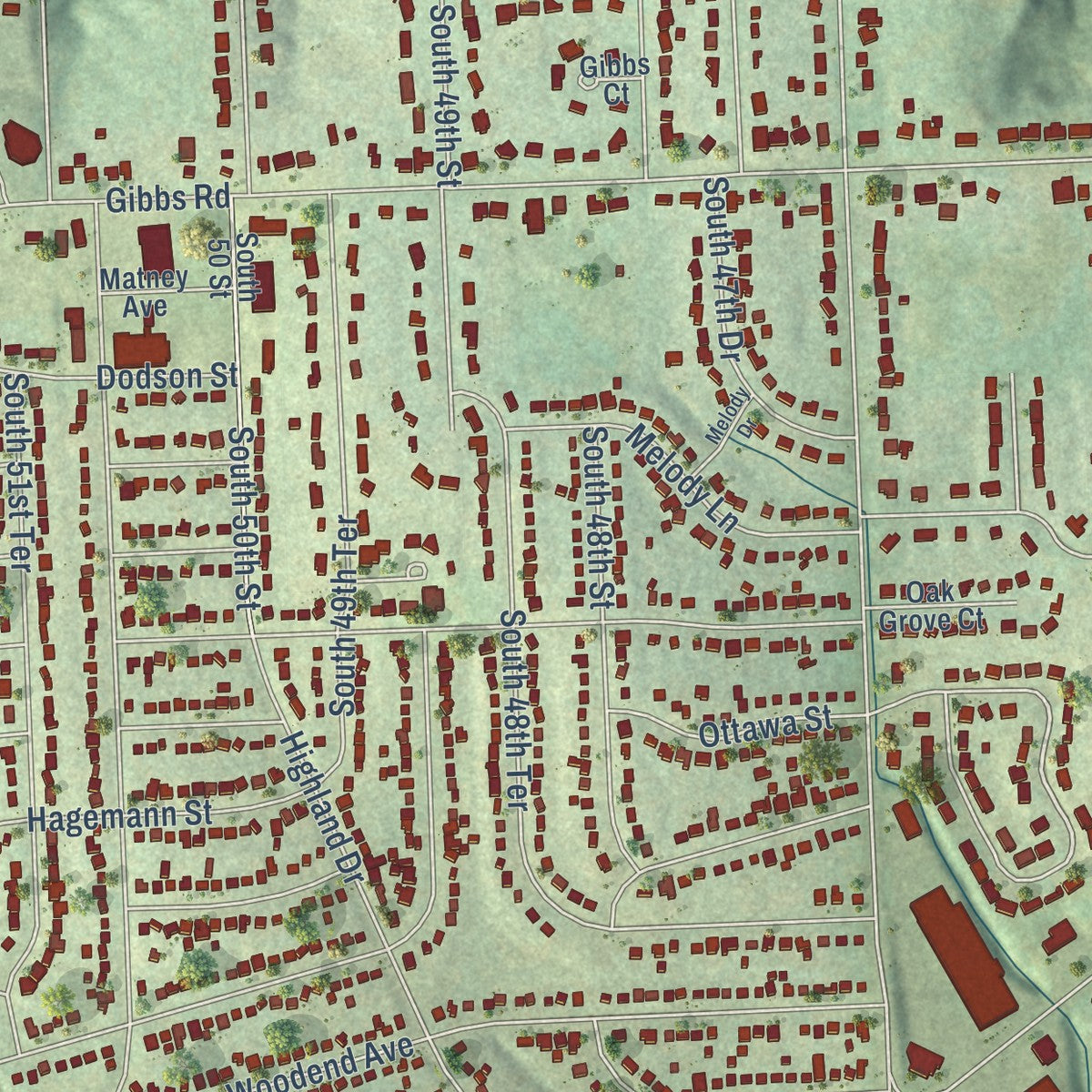 Close-up of the map of Turner, Kansas print showing street and building detail