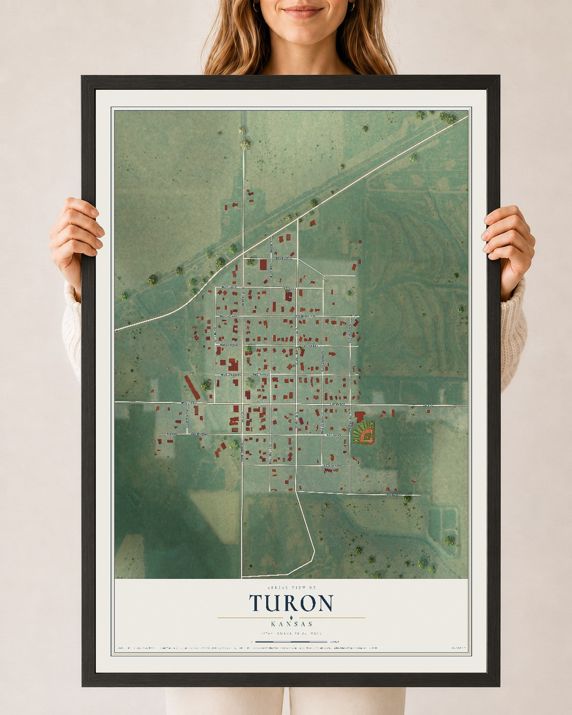 Map of Turon, Kansas, 24 x 36 inch print in a black wood frame