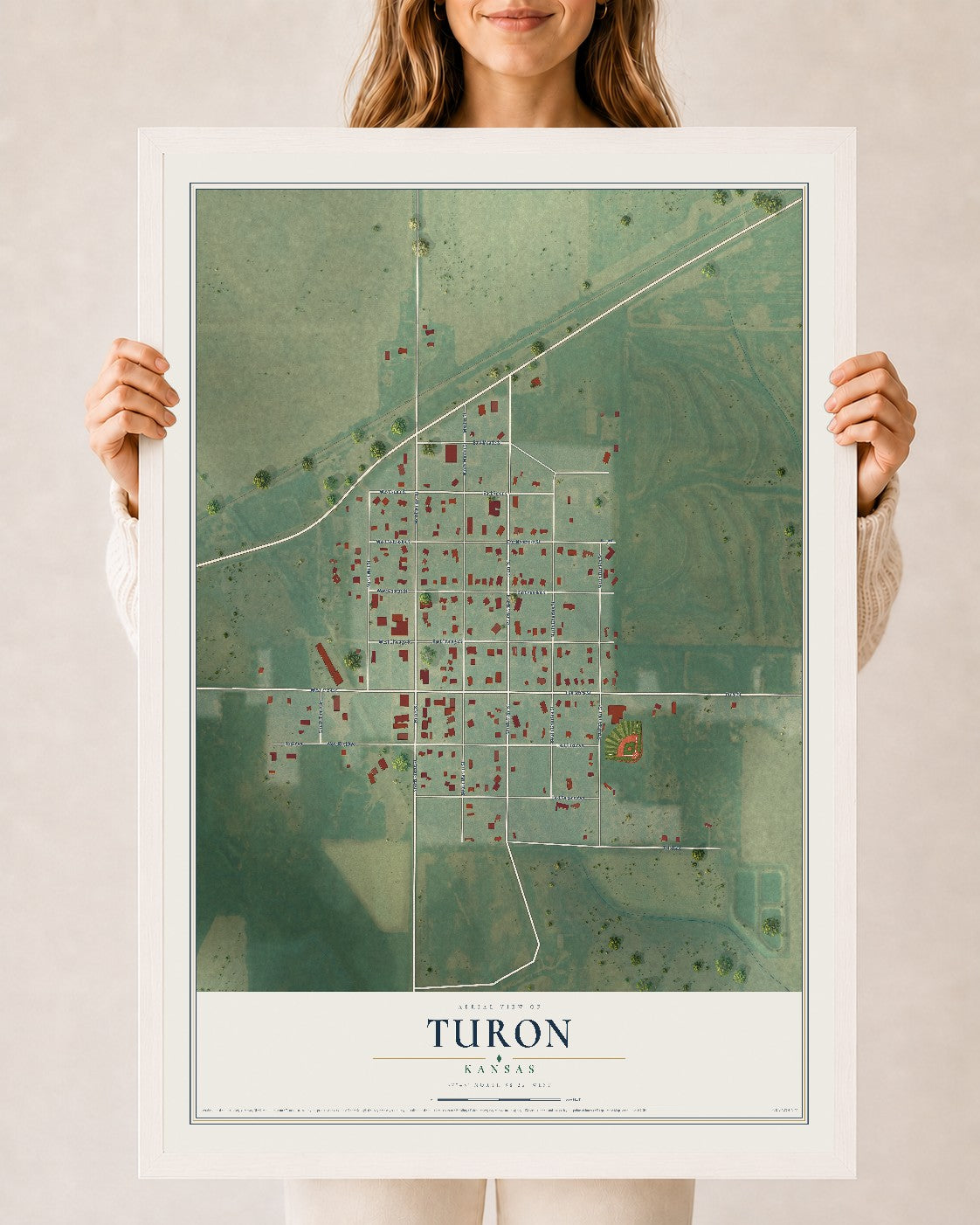 Map of Turon, Kansas, 24 x 36 inch print in a white wood frame