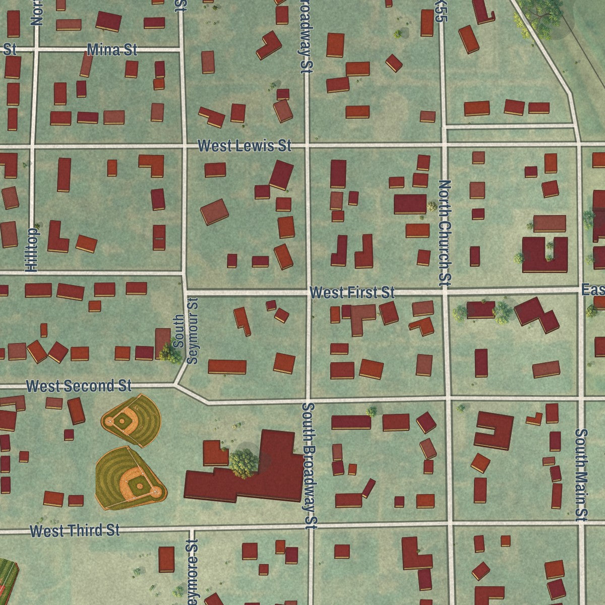 Close-up of the map of Udall, Kansas print showing street and building detail
