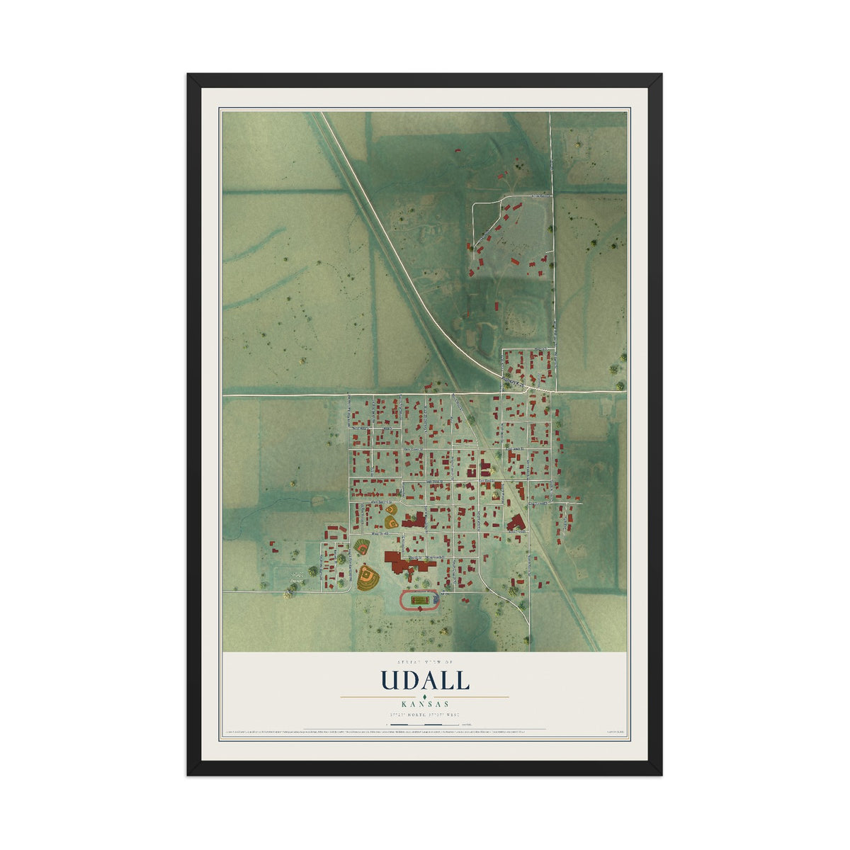 Map of Udall, Kansas, 12 x 18 inch print in a black wood frame