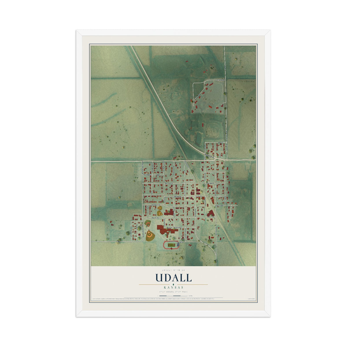 Map of Udall, Kansas, 12 x 18 inch print in a white wood frame