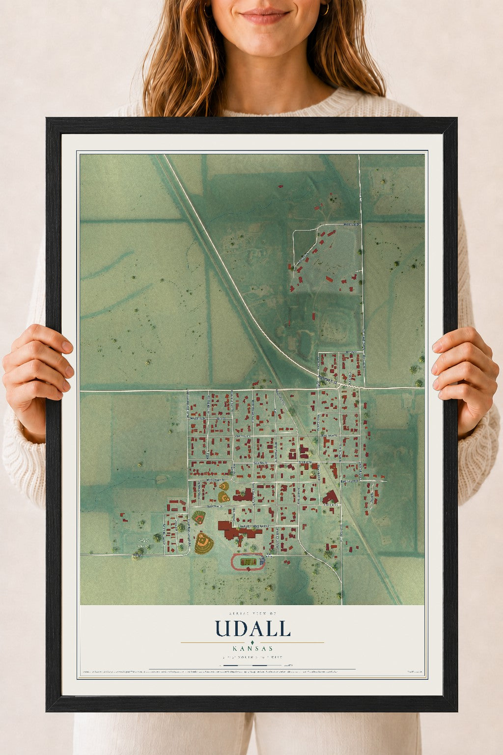 Map of Udall, Kansas, 18 x 24 inch print in a black wood frame