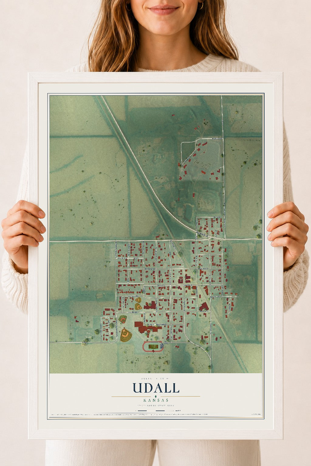 Map of Udall, Kansas, 18 x 24 inch print in a white wood frame