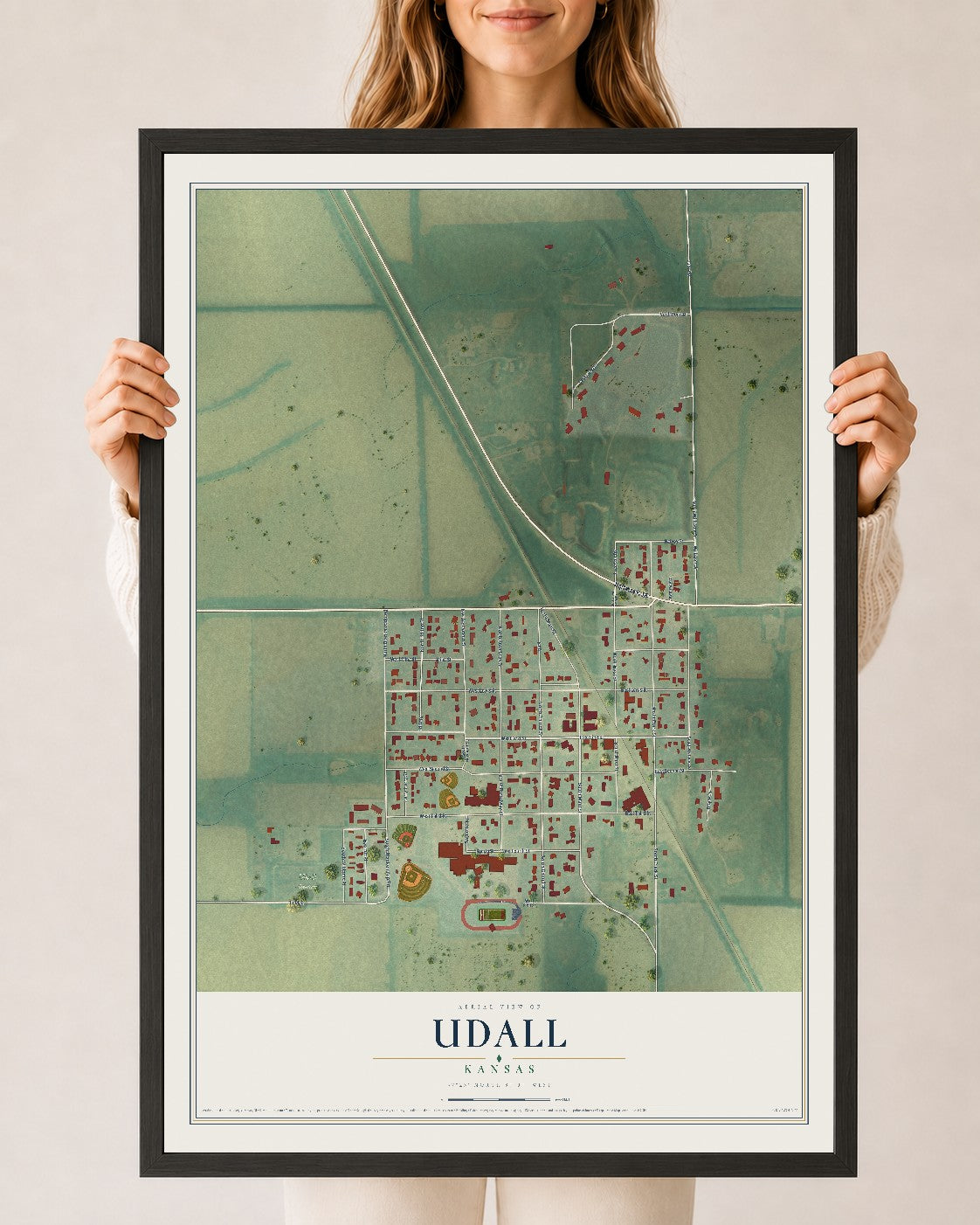 Map of Udall, Kansas, 24 x 36 inch print in a black wood frame