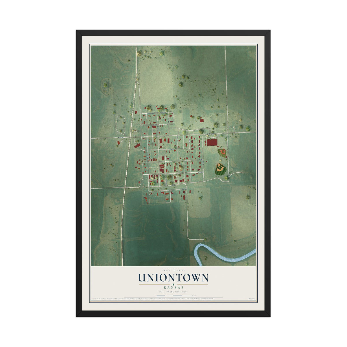 Map of Uniontown, Kansas, 12 x 18 inch print in a black wood frame