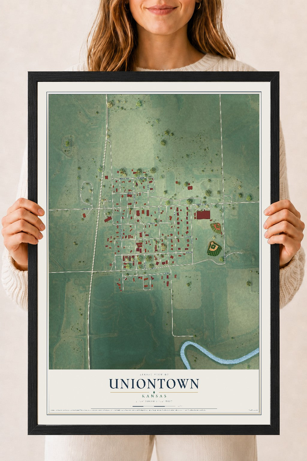 Map of Uniontown, Kansas, 18 x 24 inch print in a black wood frame