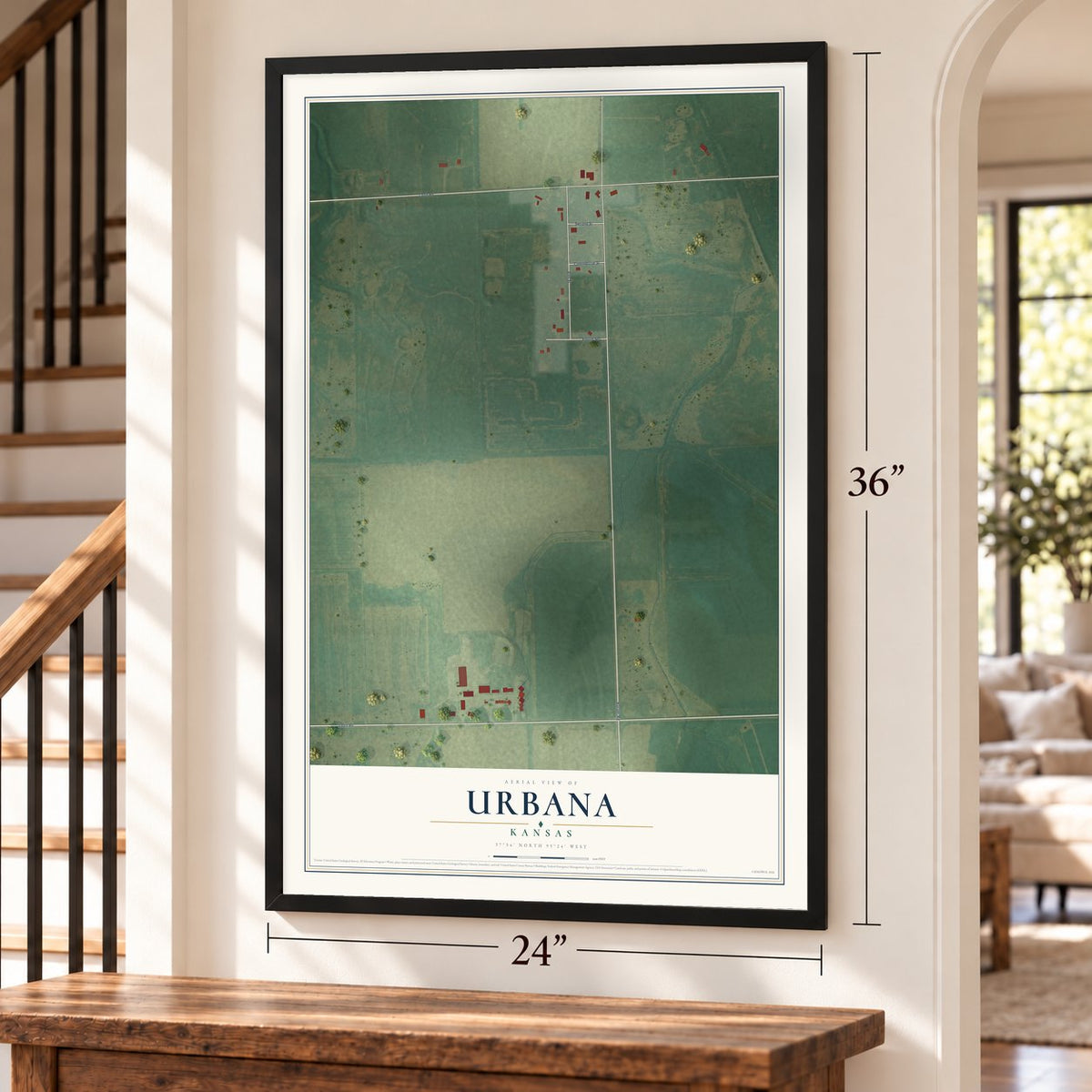 Urbana, Kansas map, 24 x 36 inch print in a black frame by a staircase