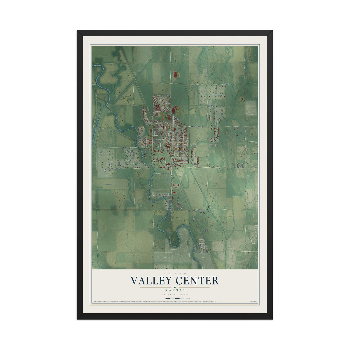 Map of Valley Center, Kansas, 12 x 18 inch print in a black wood frame