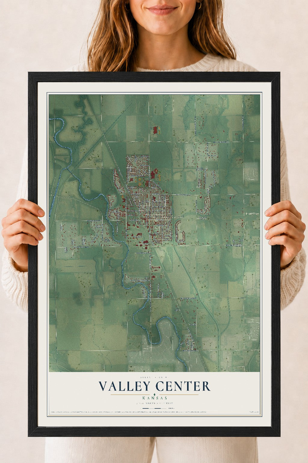 Map of Valley Center, Kansas, 18 x 24 inch print in a black wood frame