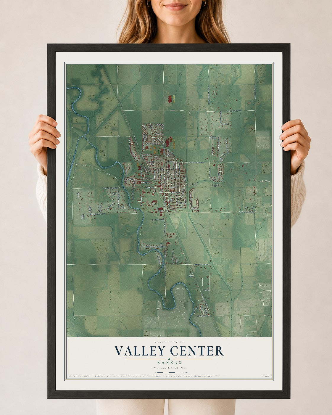 Map of Valley Center, Kansas, 24 x 36 inch print in a black wood frame