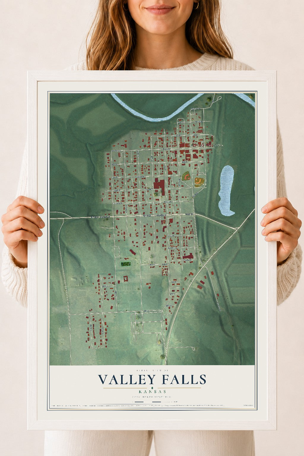Map of Valley Falls, Kansas, 18 x 24 inch print in a white wood frame