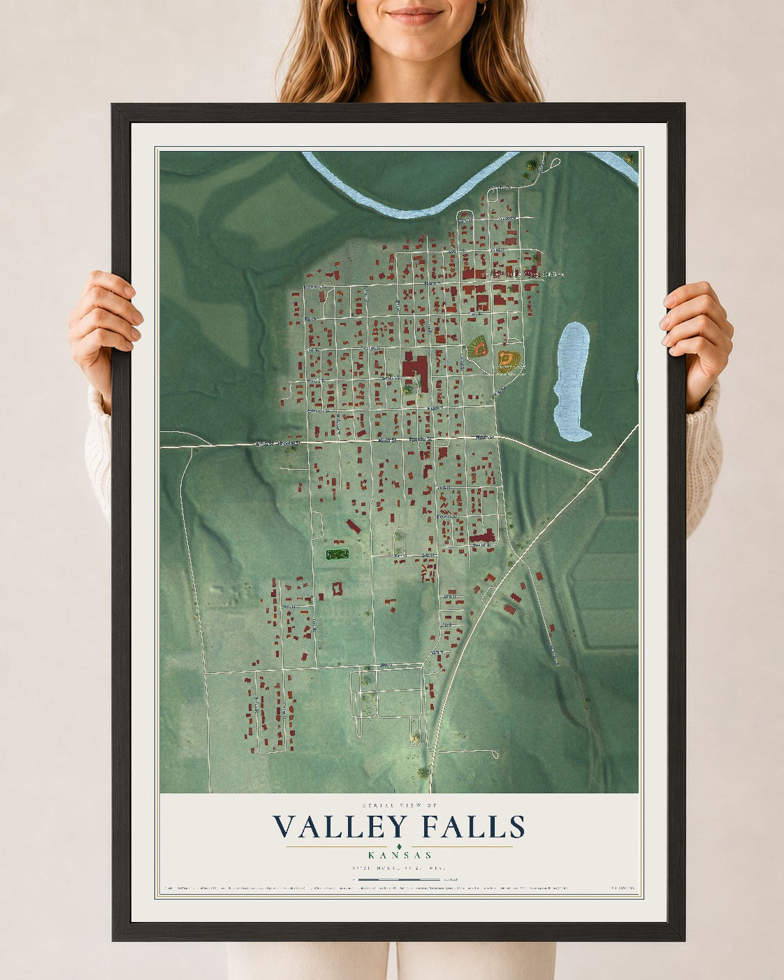 Map of Valley Falls, Kansas, 24 x 36 inch print in a black wood frame