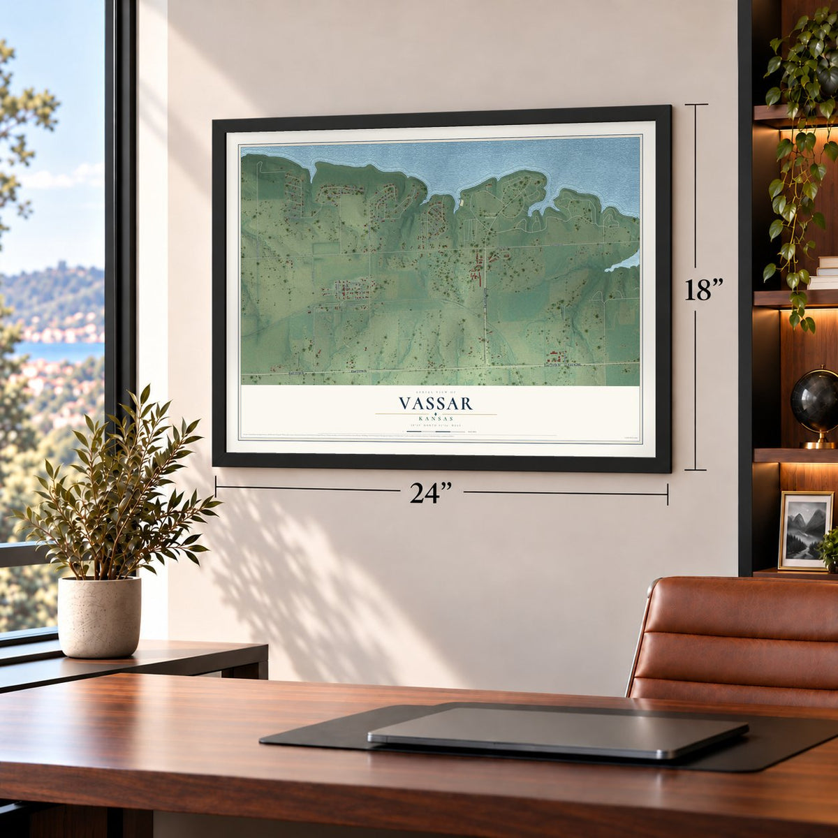 Vassar, Kansas map, 18 x 24 inch print in a black frame in a home office