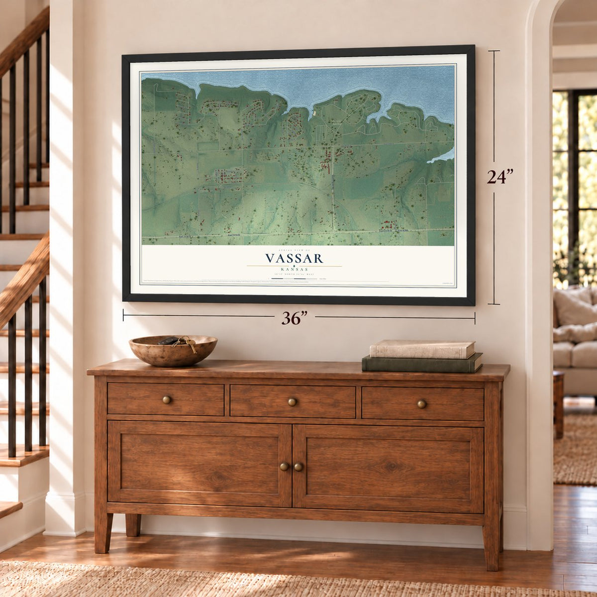 Vassar, Kansas map, 24 x 36 inch print in a black frame above a dresser by a staircase
