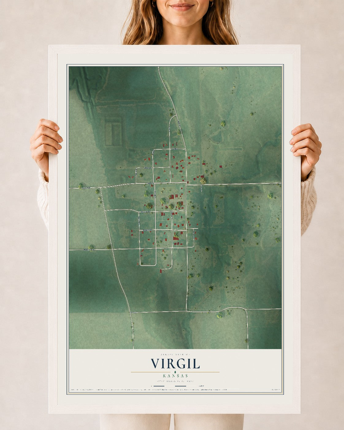 Map of Virgil, Kansas, 24 x 36 inch print in a white wood frame