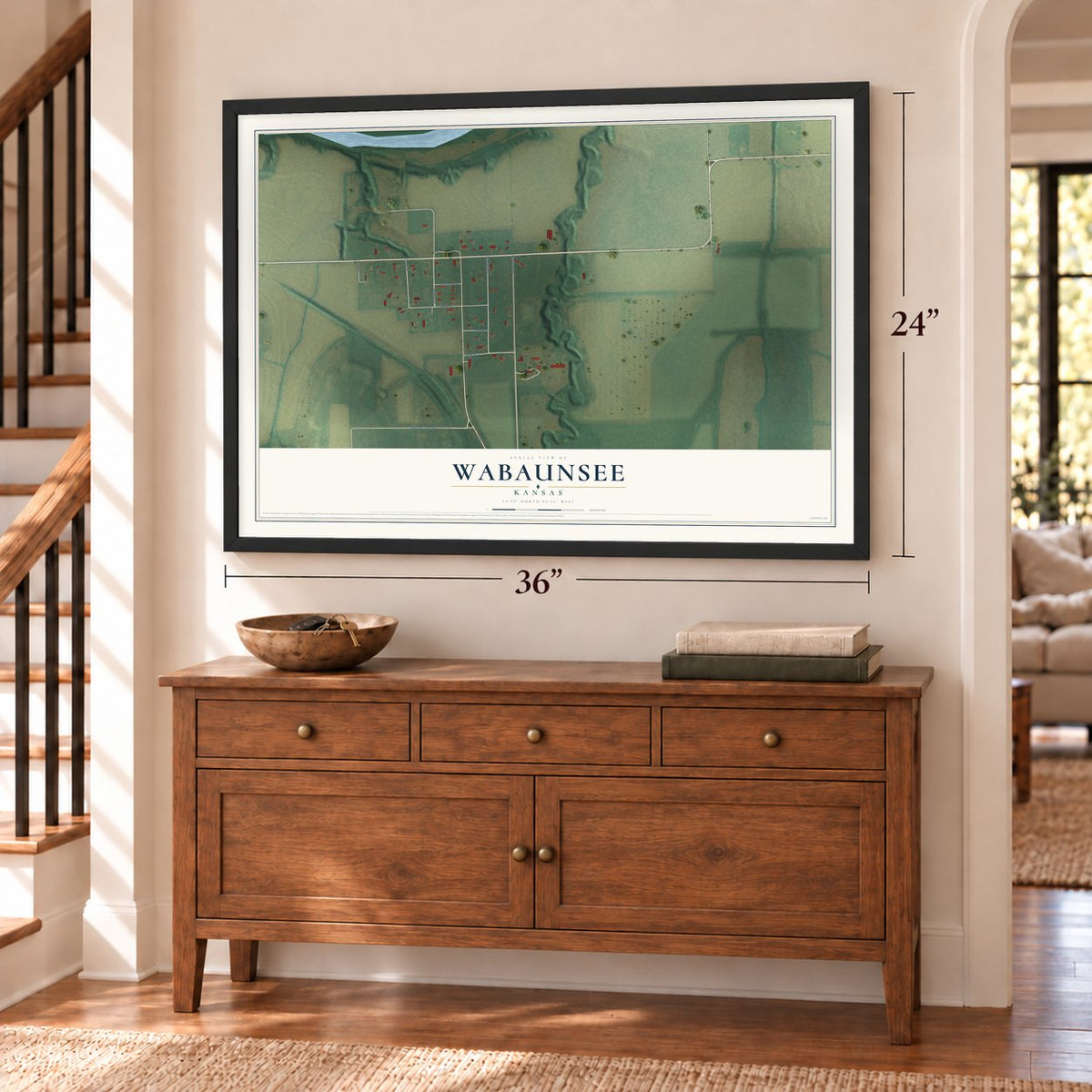 Wabaunsee, Kansas map, 24 x 36 inch print in a black frame above a dresser by a staircase