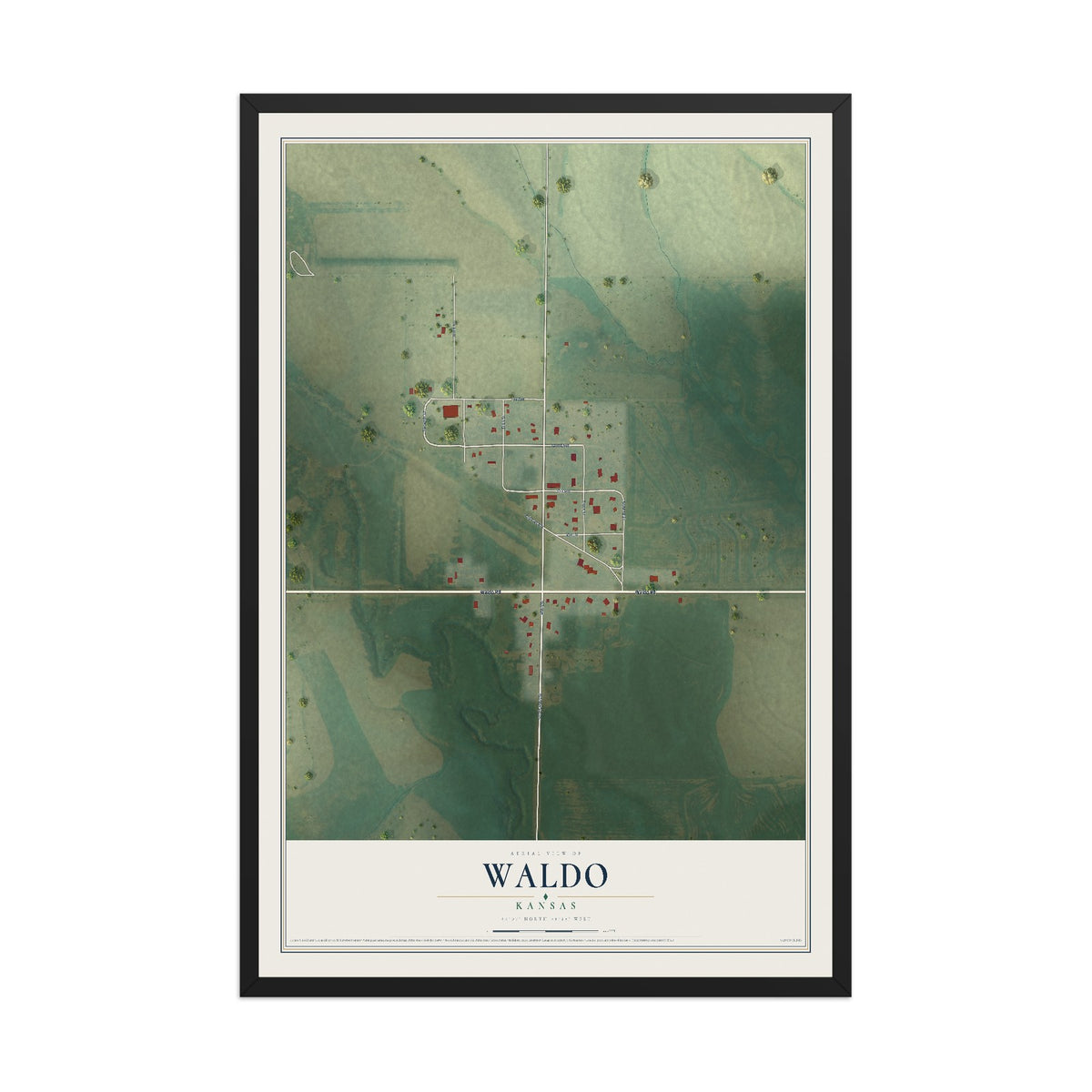 Map of Waldo, Kansas, 12 x 18 inch print in a black wood frame