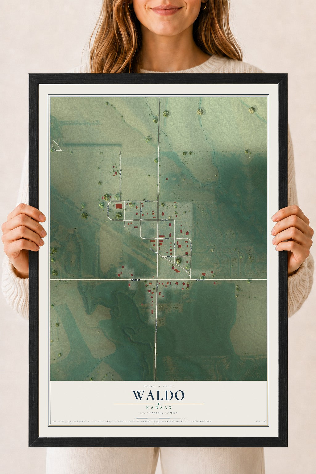 Map of Waldo, Kansas, 18 x 24 inch print in a black wood frame