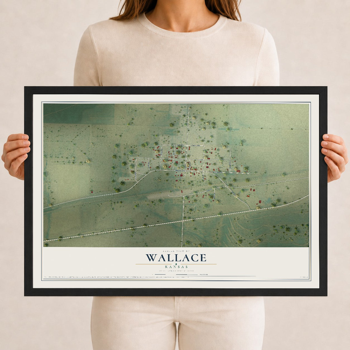 Map of Wallace, Kansas, 12 x 18 inch print in a black wood frame