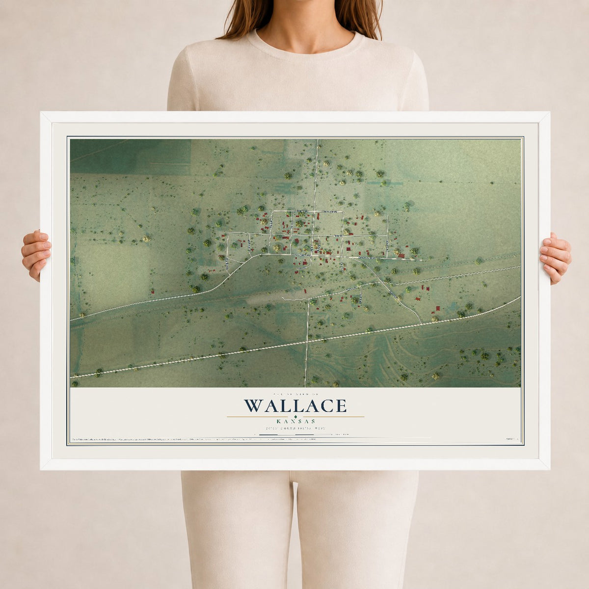 Map of Wallace, Kansas, 24 x 36 inch print in a white wood frame