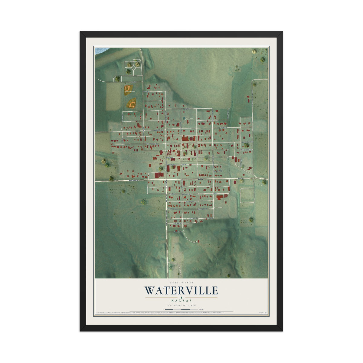Map of Waterville, Kansas, 12 x 18 inch print in a black wood frame