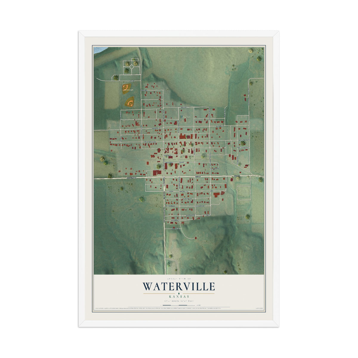 Map of Waterville, Kansas, 12 x 18 inch print in a white wood frame