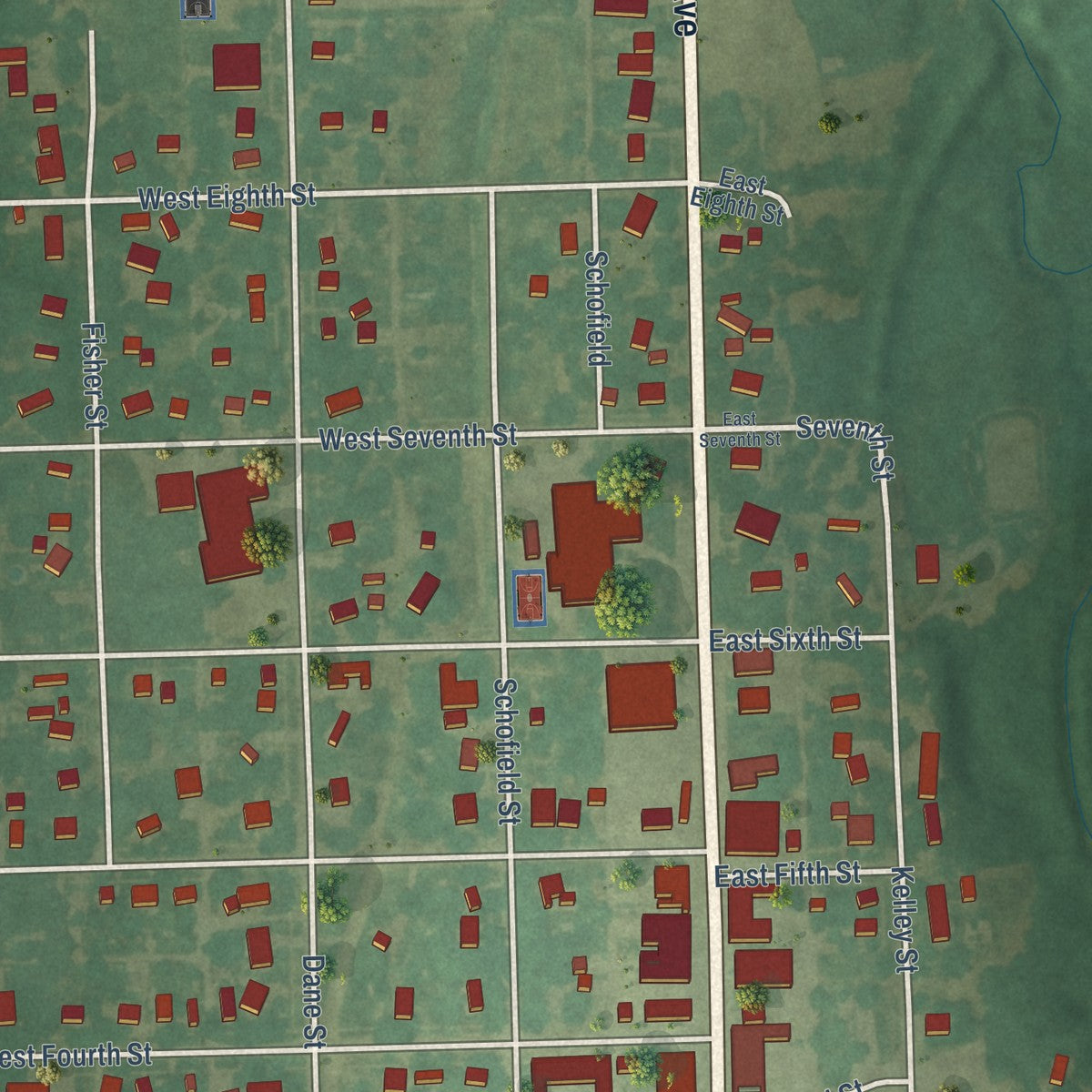 Close-up of the map of Waverly, Kansas print showing street and building detail
