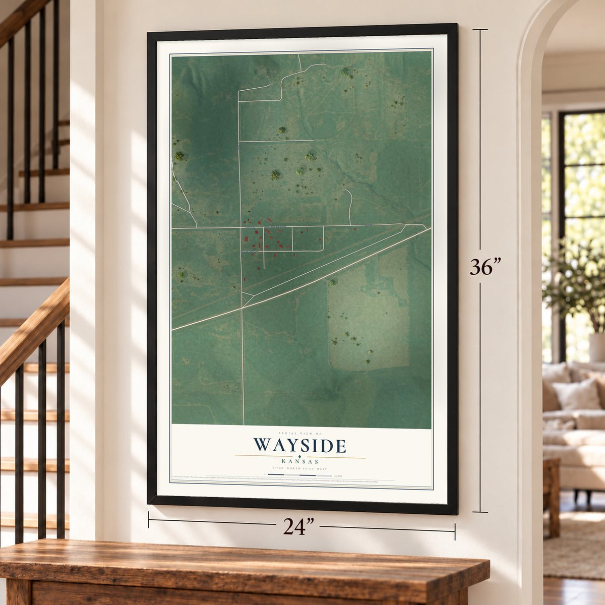 Wayside, Kansas map, 24 x 36 inch print in a black frame by a staircase