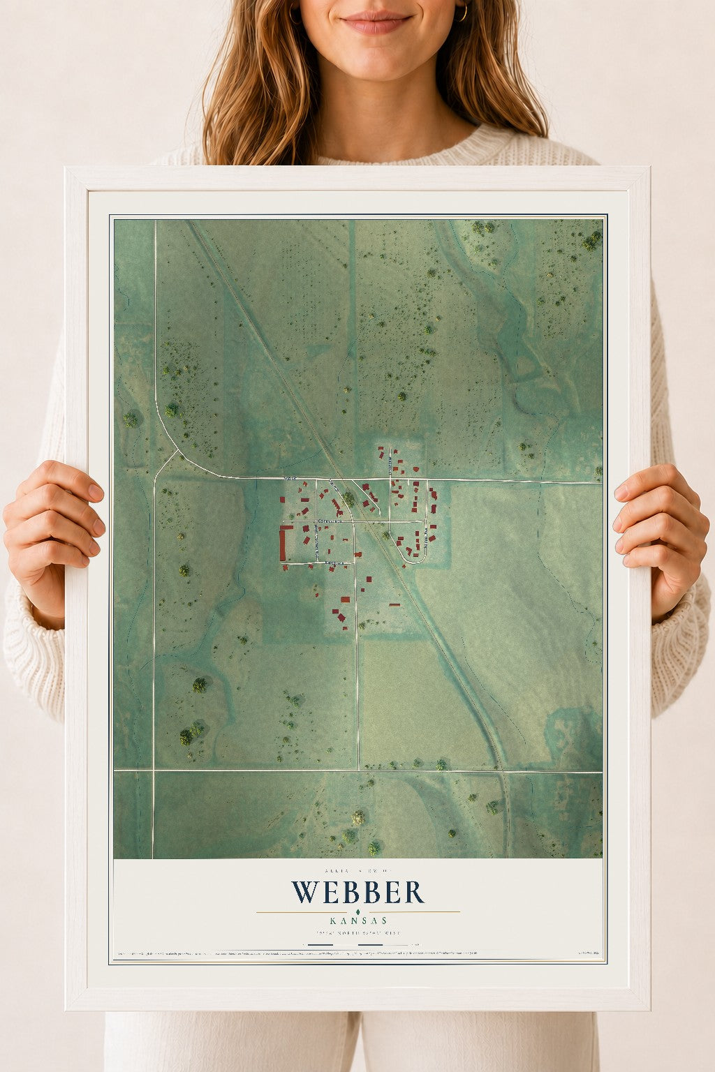 Map of Webber, Kansas, 18 x 24 inch print in a white wood frame