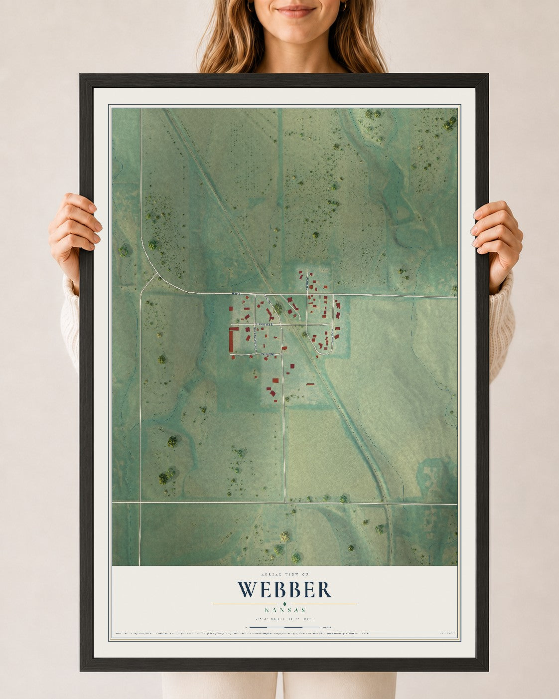 Map of Webber, Kansas, 24 x 36 inch print in a black wood frame